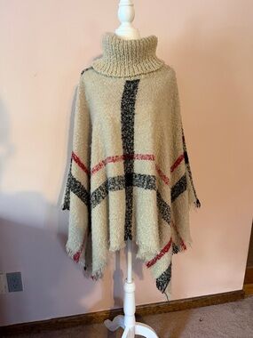 Beige, Plaid, Turtleneck Plaid Poncho Sweater